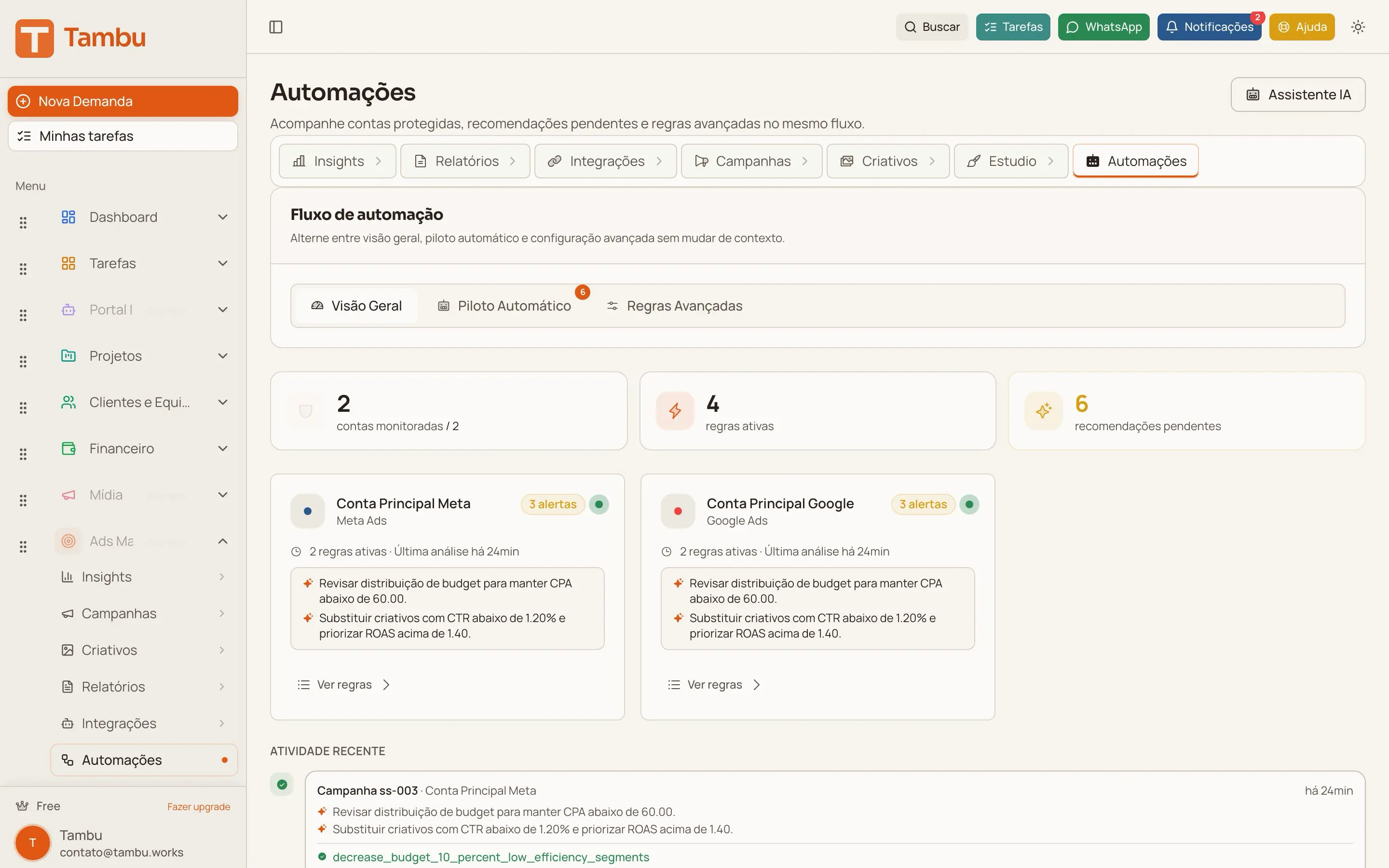 Tela do módulo Automações & Workflows no Tambu