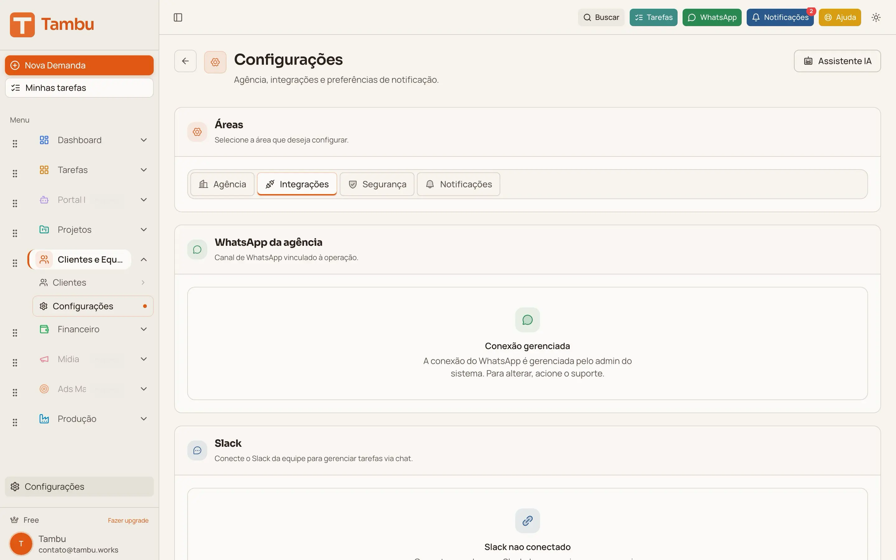 Tela do módulo Slack & Teams no Tambu
