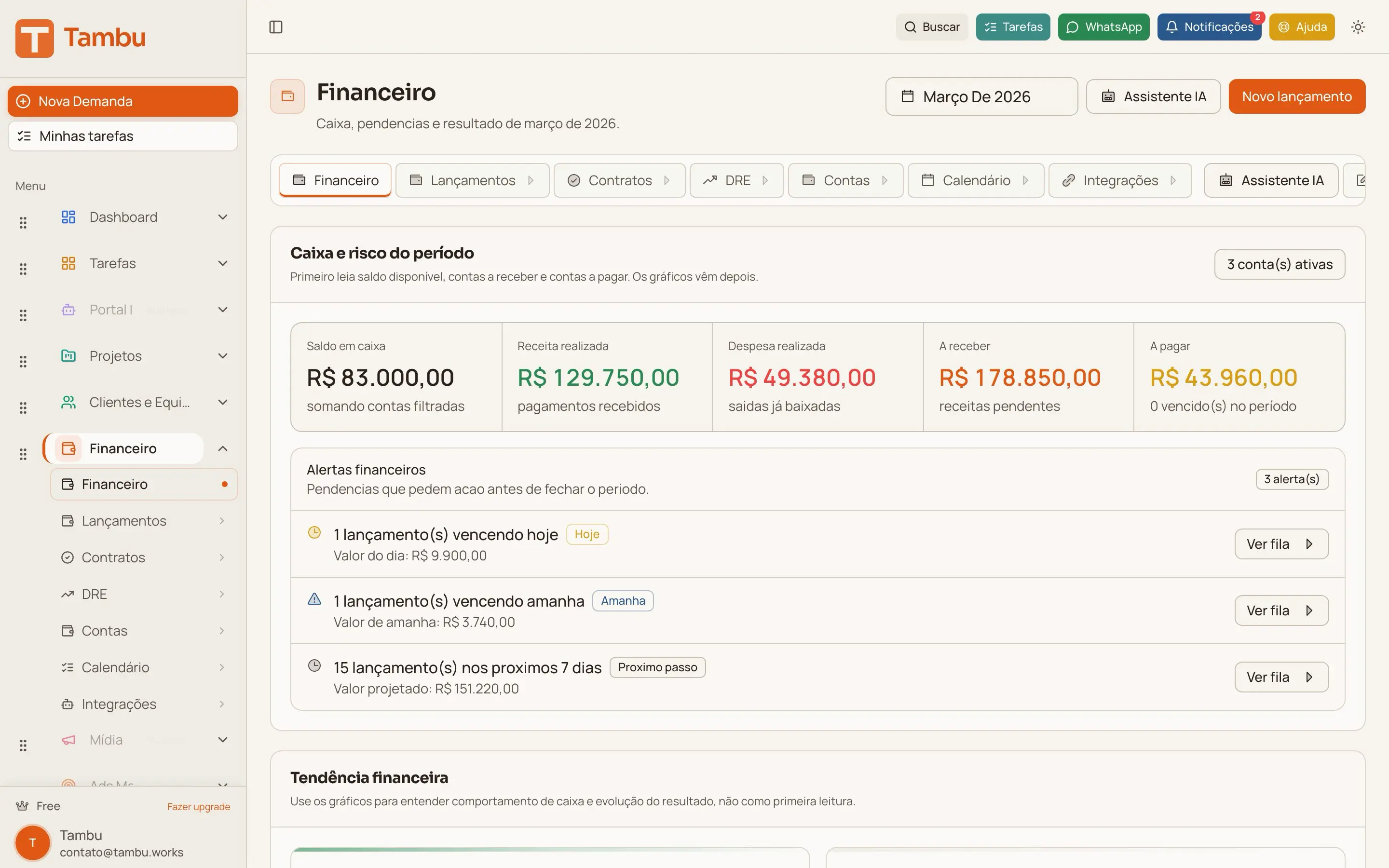 Tela do módulo Financeiro no Tambu