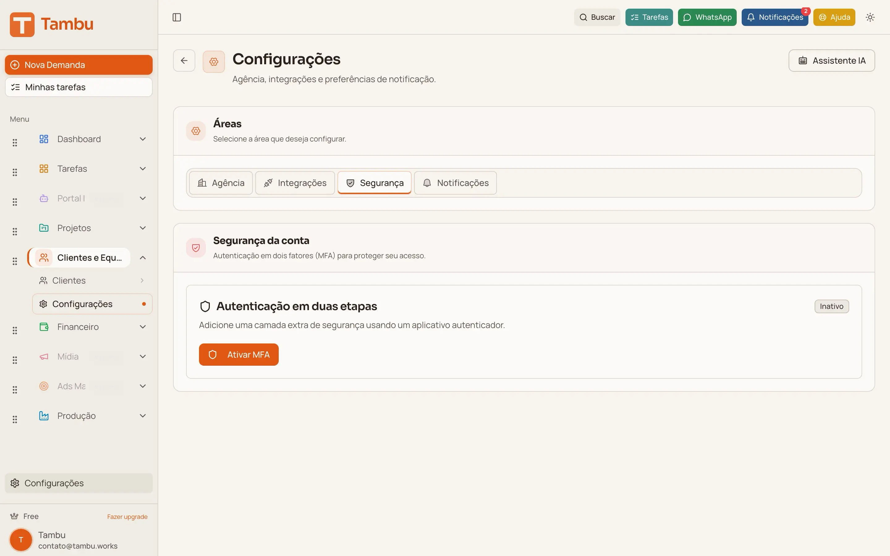 Tela do módulo MCP & API no Tambu