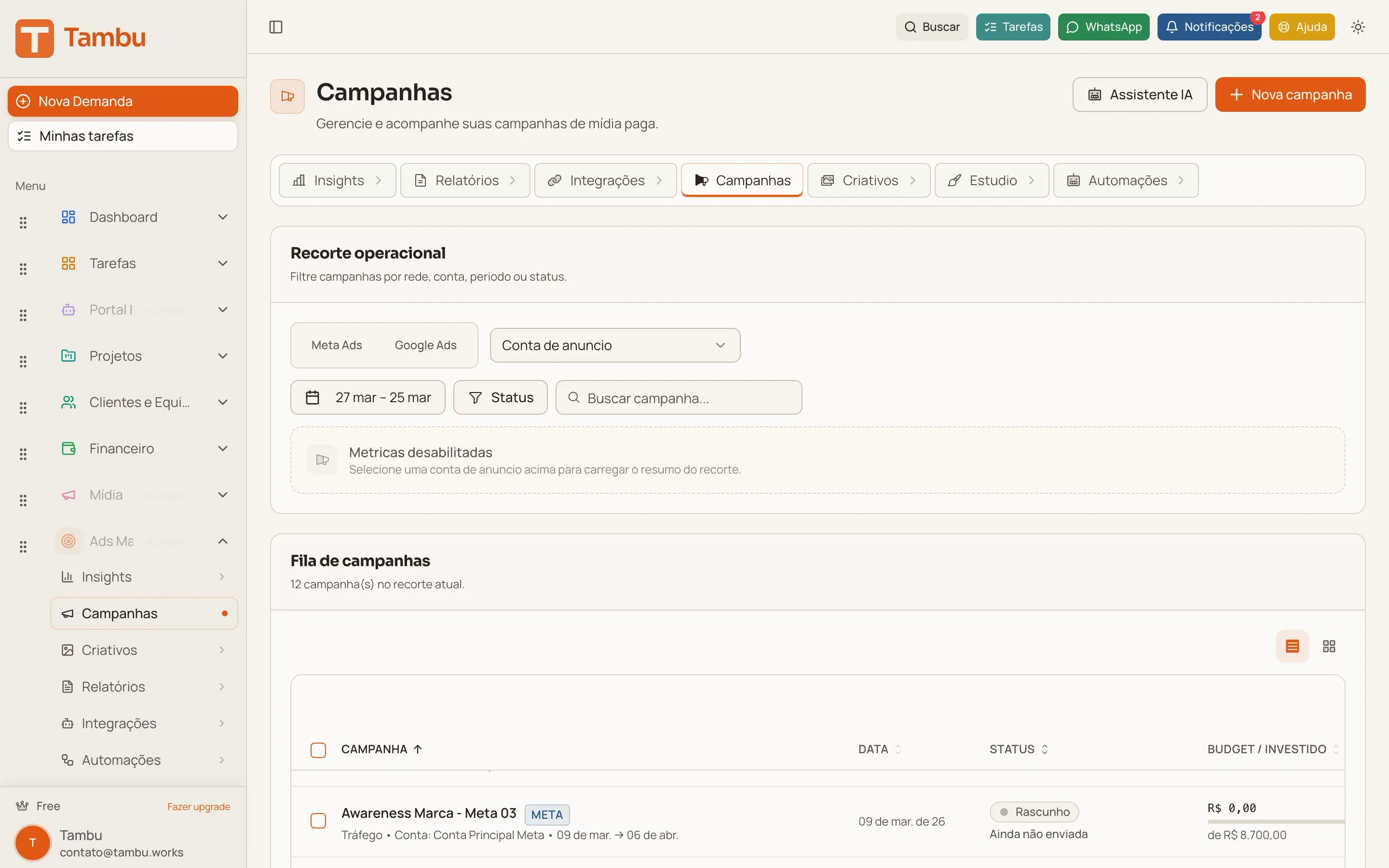Tela do módulo Mídia Digital (Ads Manager) no Tambu