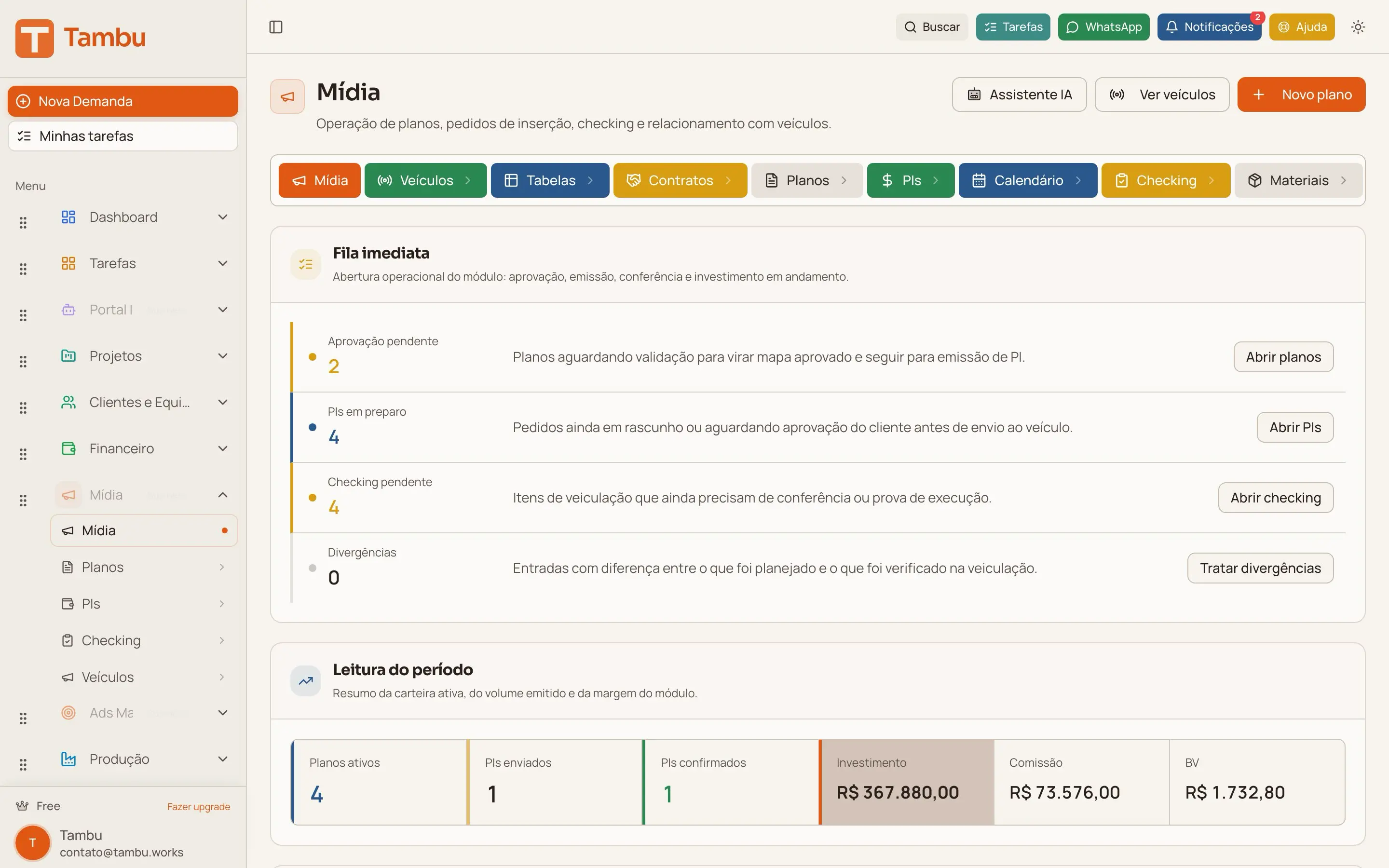 Tela do módulo Mídia Tradicional (CENP) no Tambu