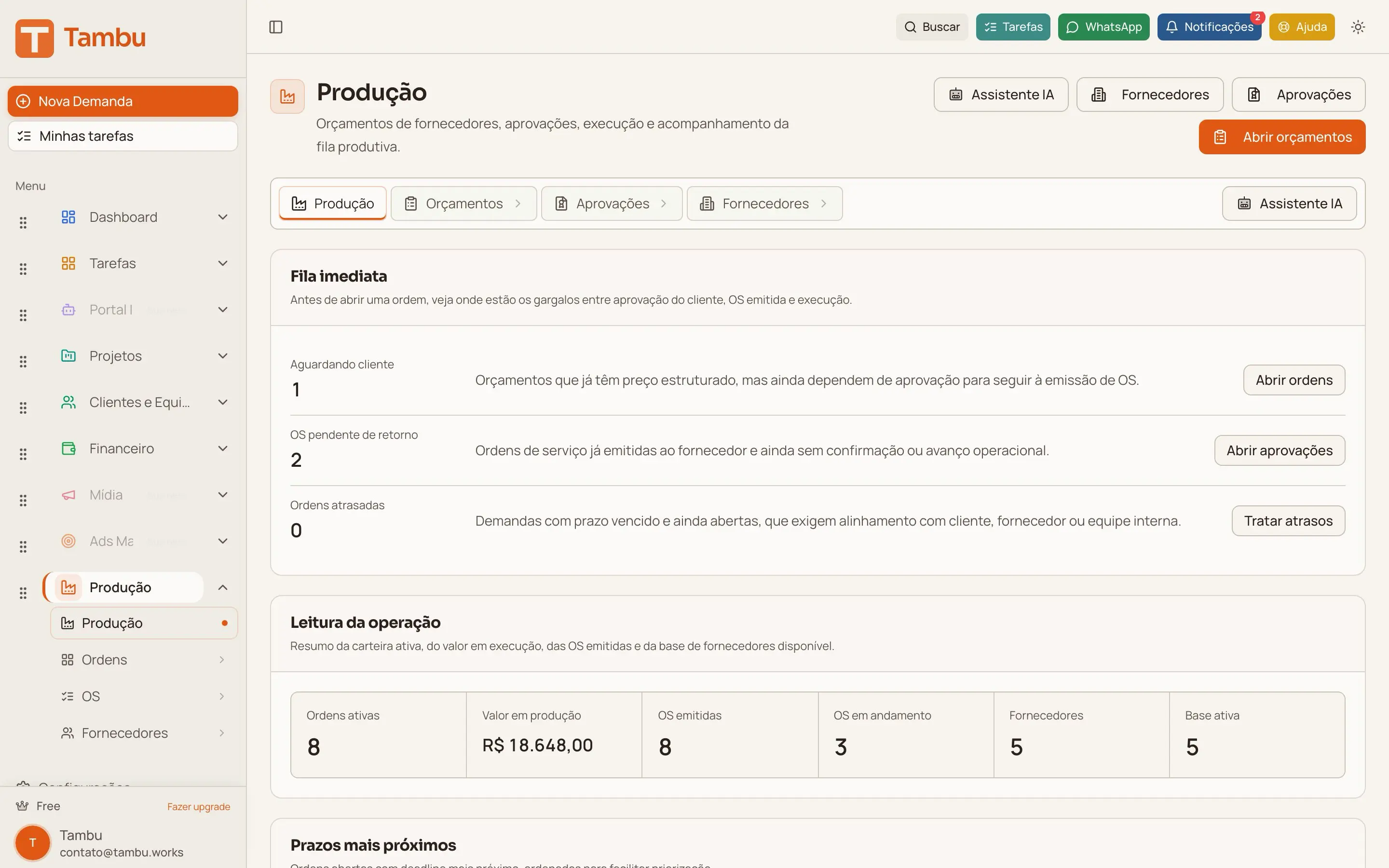 Tela do módulo Produção no Tambu