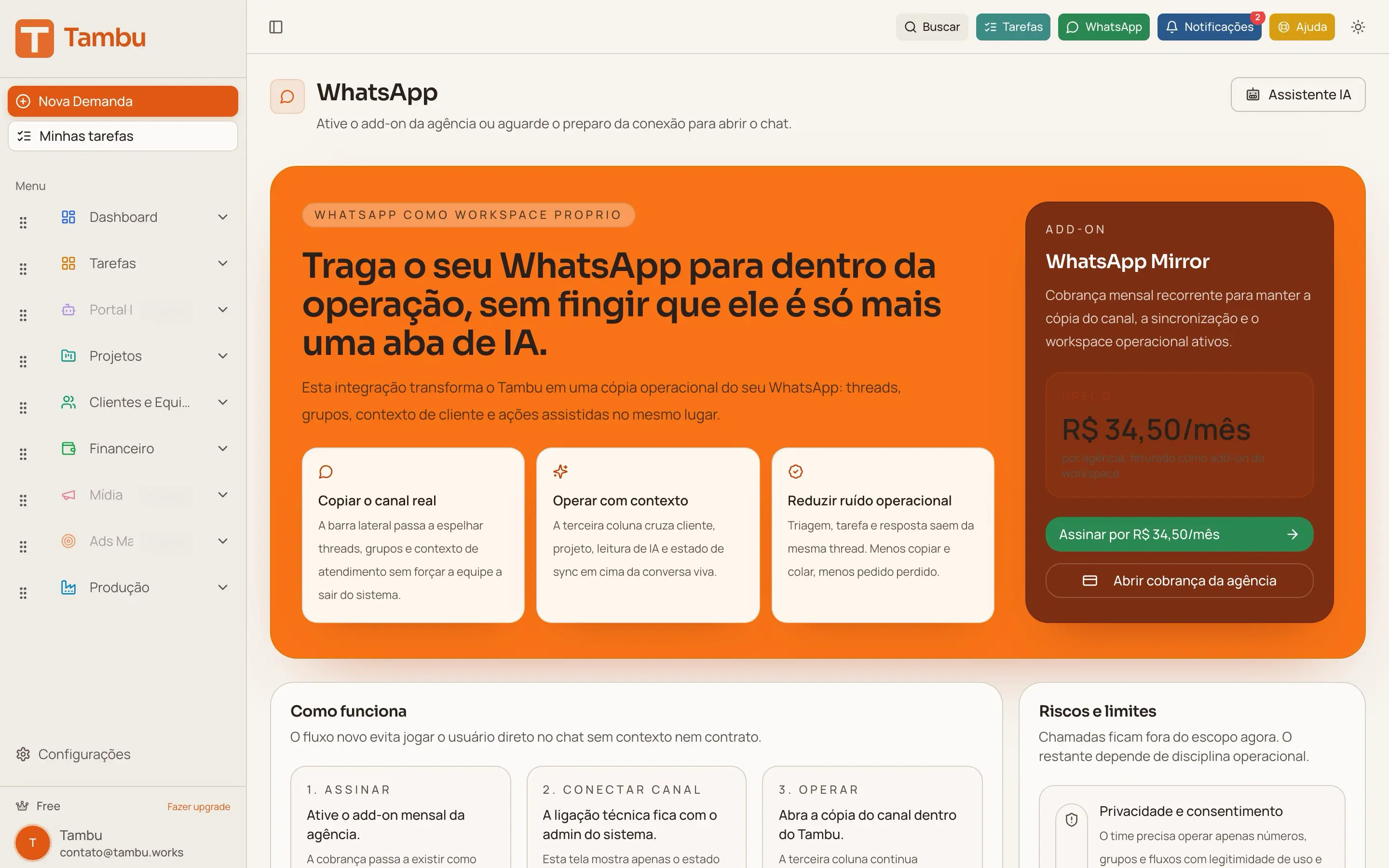 Tela do módulo WhatsApp Integrado no Tambu